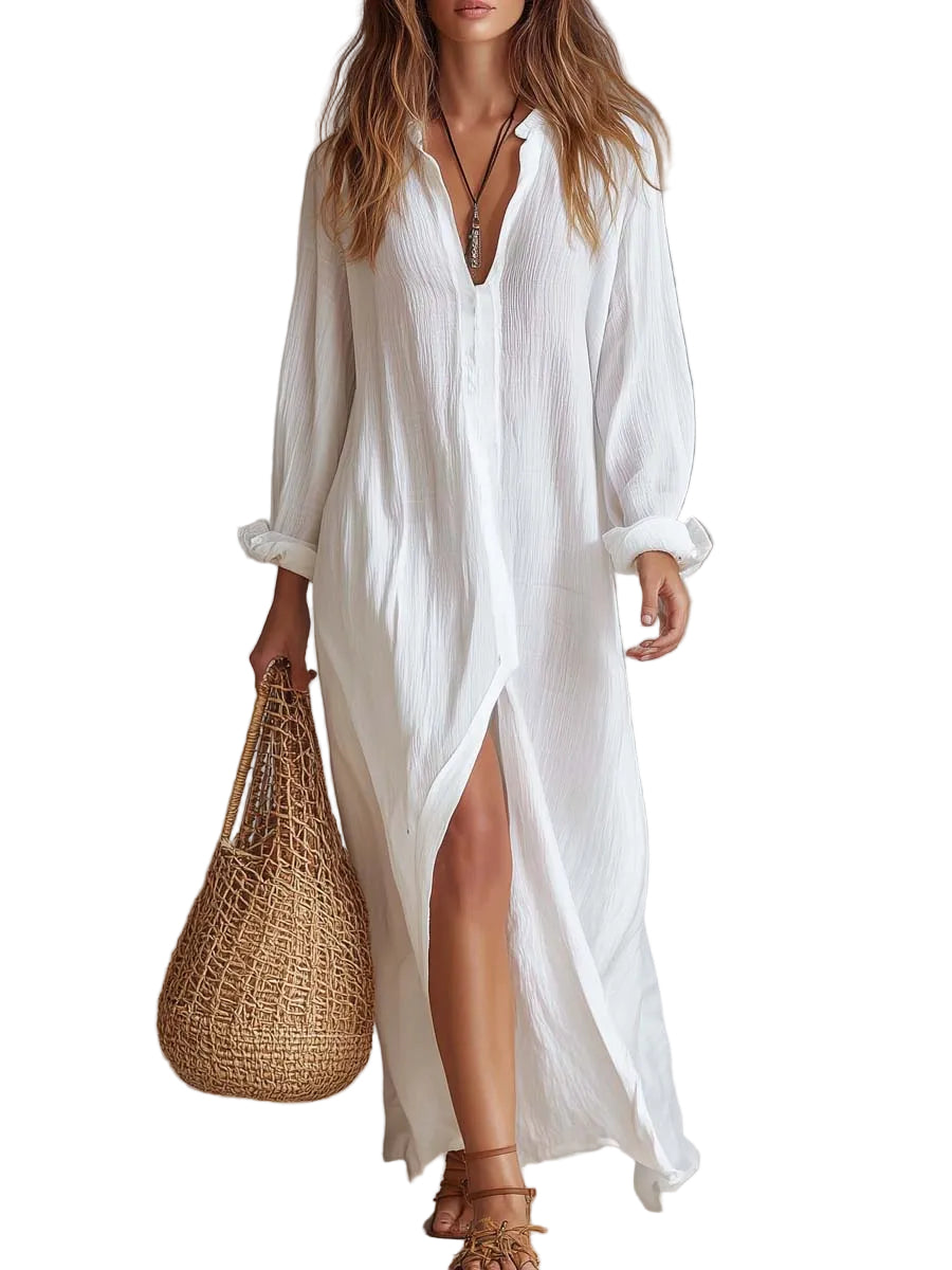 Effortless Wrinkled Texture Cotton Linen Midi Dress