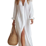 Effortless Wrinkled Texture Cotton Linen Midi Dress