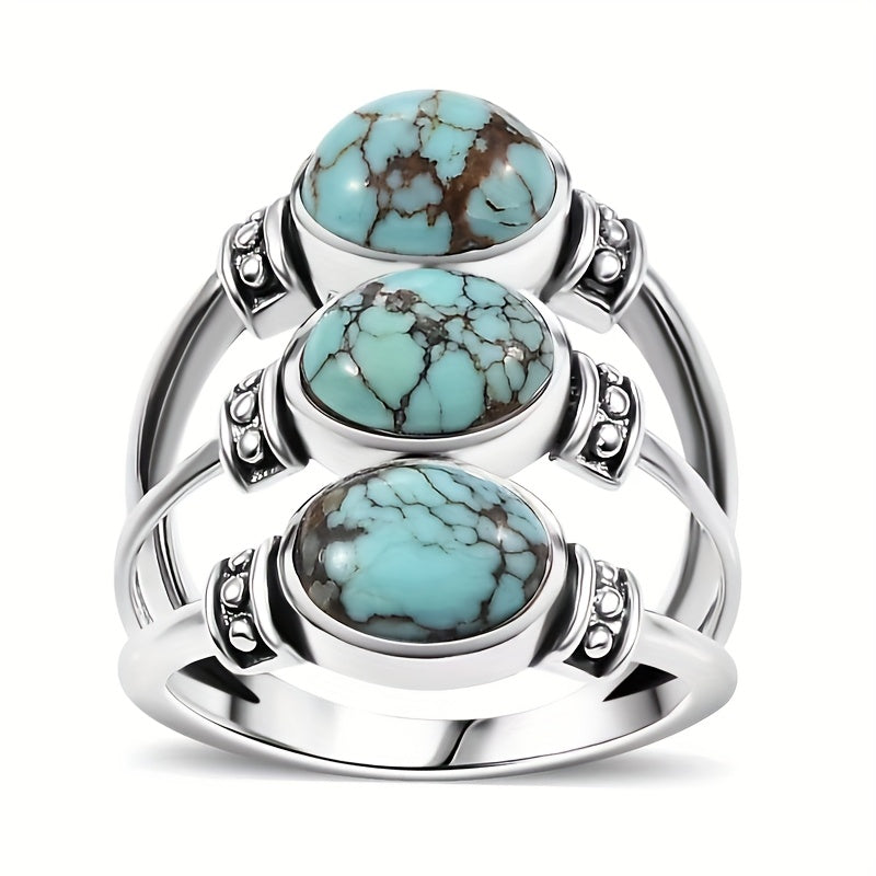 ANILLO VINTAGE BOHEMIO STYLE TRIPLE TURQUESA PLATA