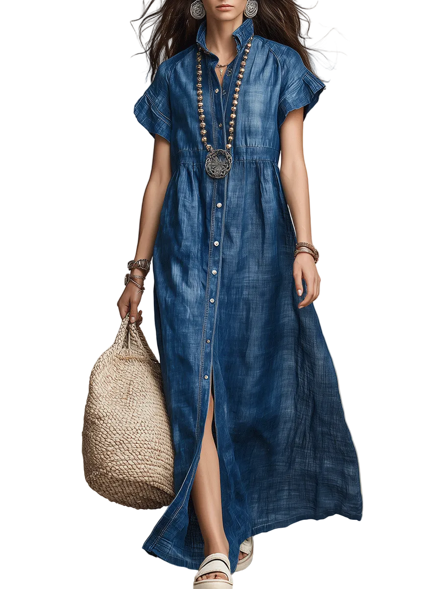 Washed Indigo Button-Front Bohemian Maxi Dress