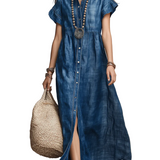 Washed Indigo Button-Front Bohemian Maxi Dress