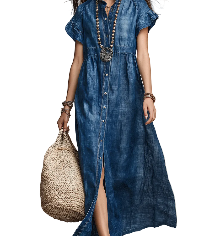 Washed Indigo Button-Front Bohemian Maxi Dress