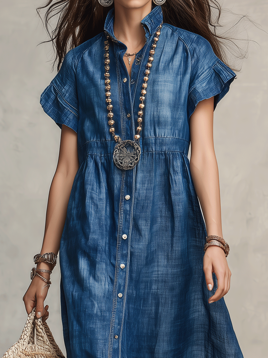 Washed Indigo Button-Front Bohemian Maxi Dress
