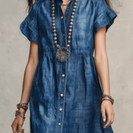 Washed Indigo Button-Front Bohemian Maxi Dress