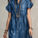 Washed Indigo Button-Front Bohemian Maxi Dress
