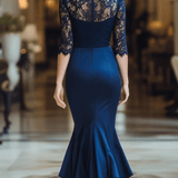 VESTIDO LARGO AZUL MARINO DE ENCAJE CON CORTE SIRENA - VALERINA MARBELLA