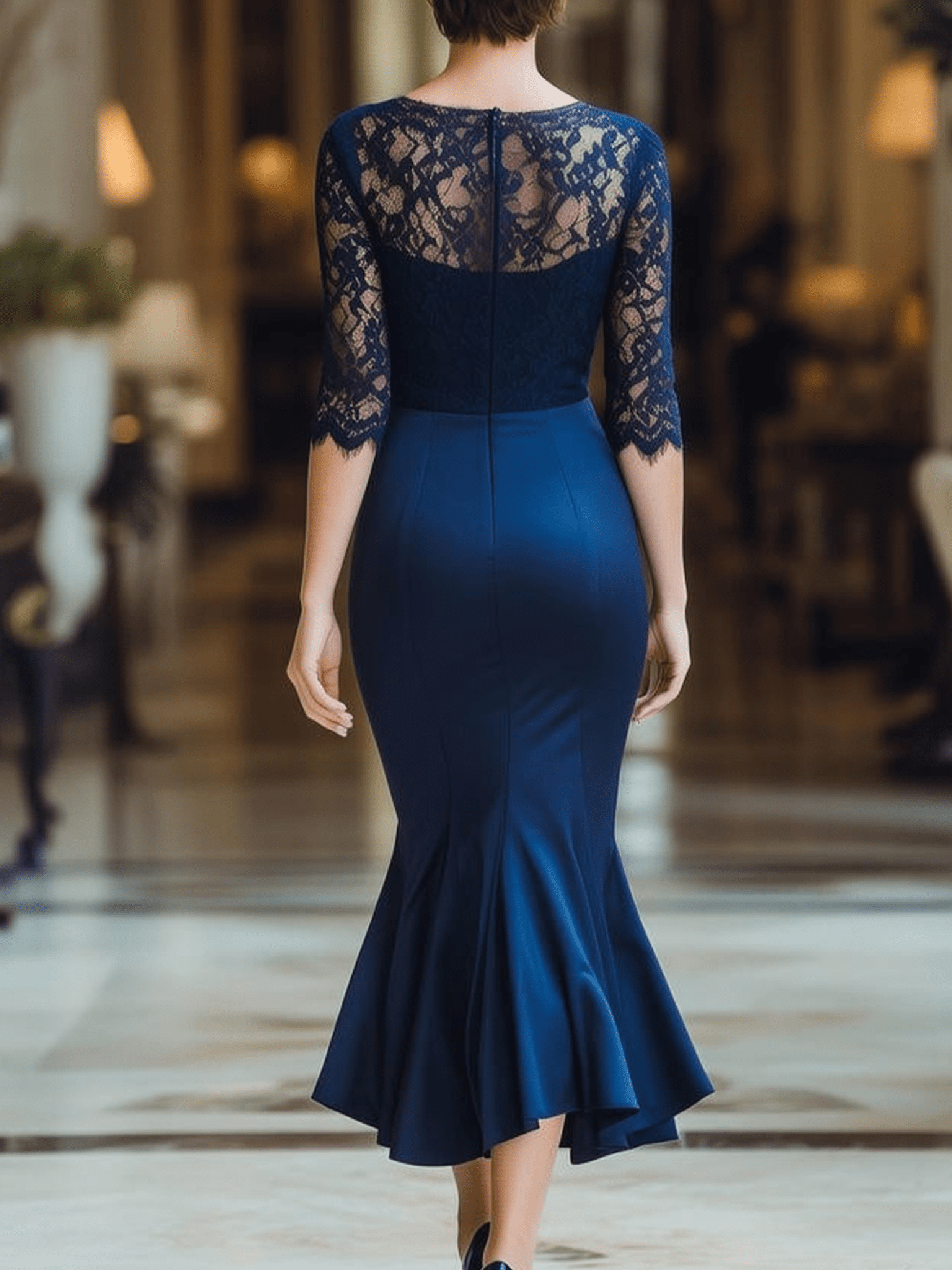 VESTIDO LARGO AZUL MARINO DE ENCAJE CON CORTE SIRENA - VALERINA MARBELLA