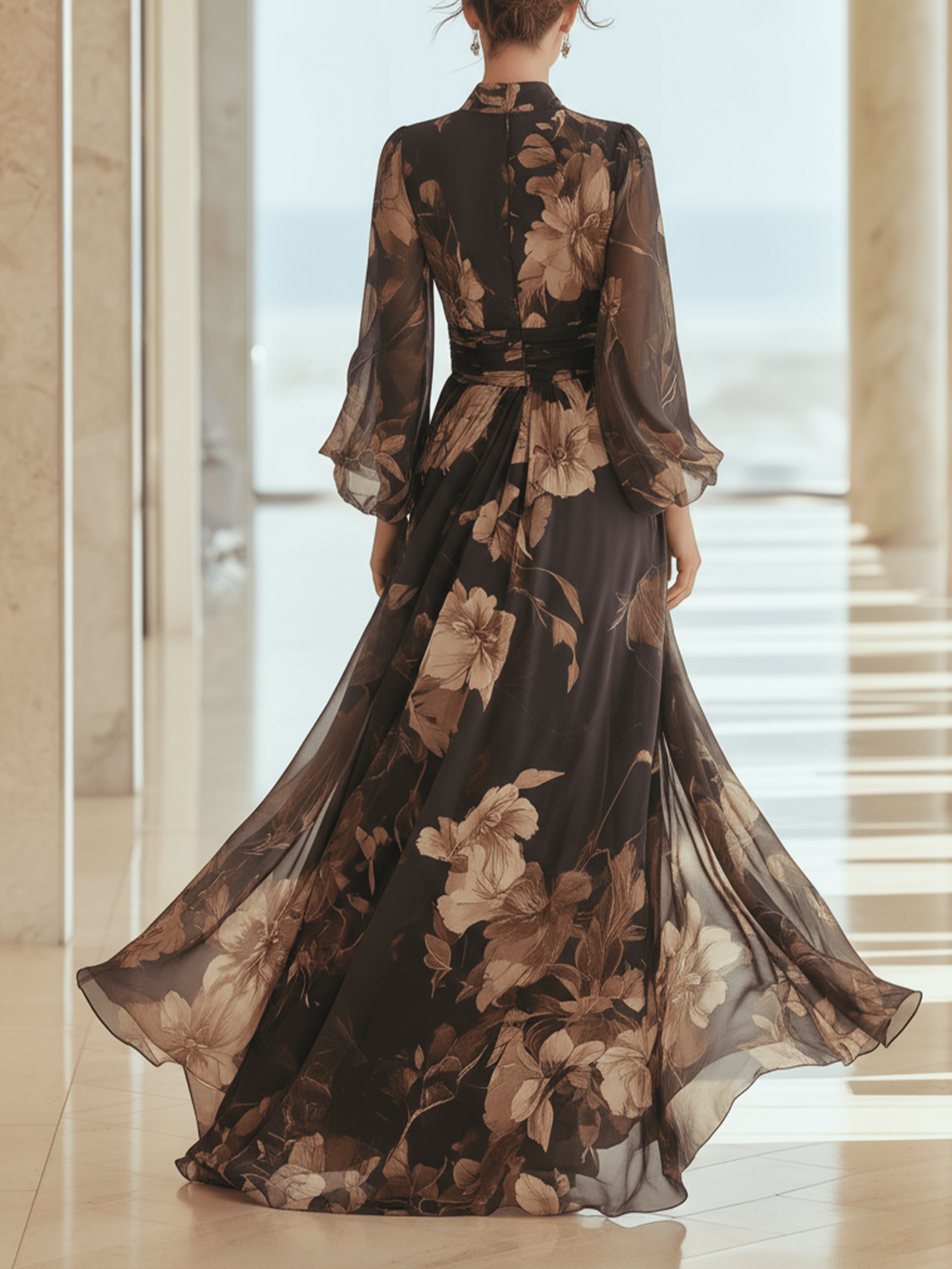 VESTIDO LARGO DE GASA FLORAL MARRÓN - VALERINA MARBELLA