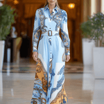 VESTIDO LARGO CAMISERO AZUL CLARO CON ESTAMPADO PAISLEY Y CINTURÓN - VALERINA MARBELLA