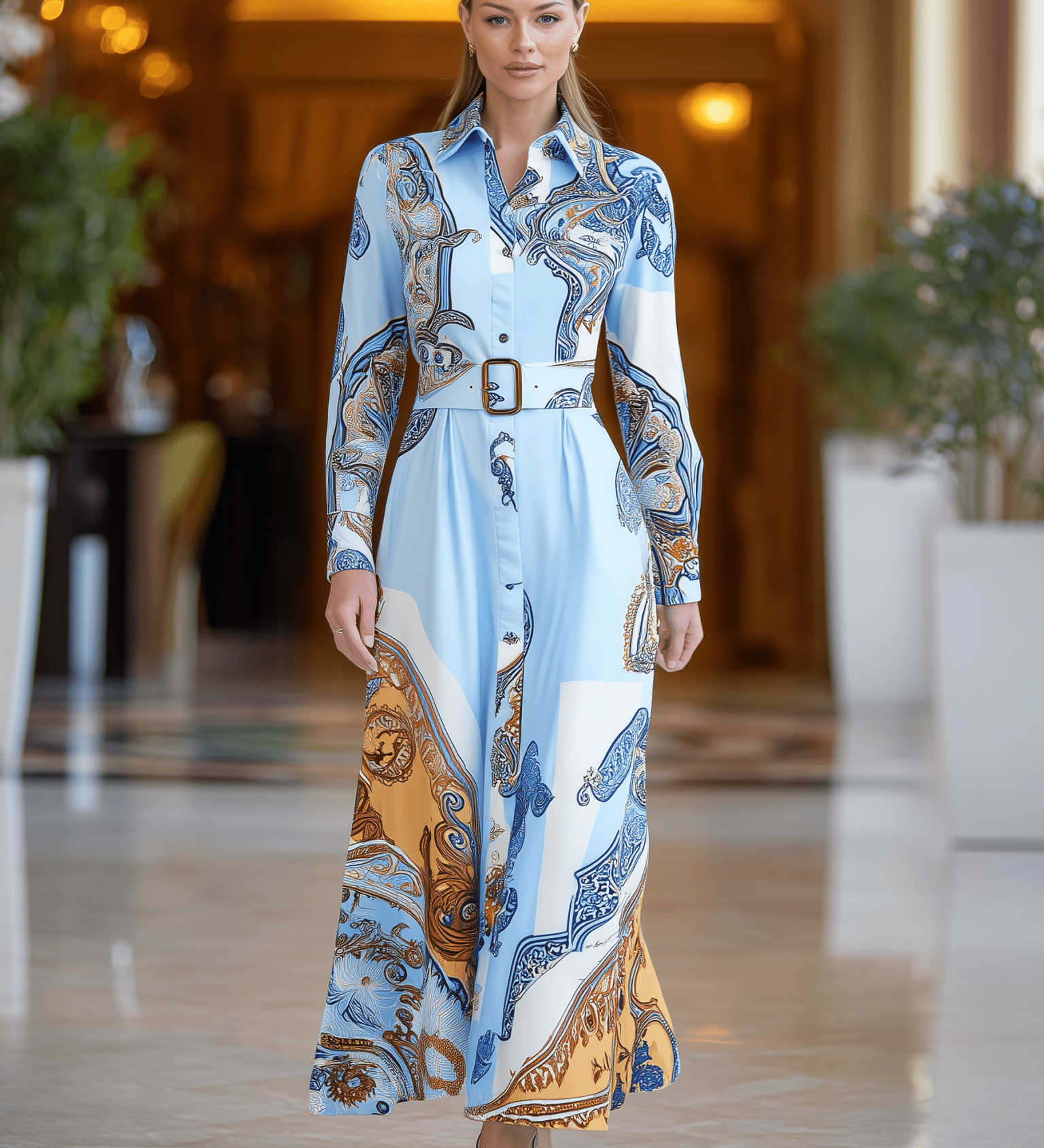 VESTIDO LARGO CAMISERO AZUL CLARO CON ESTAMPADO PAISLEY Y CINTURÓN - VALERINA MARBELLA