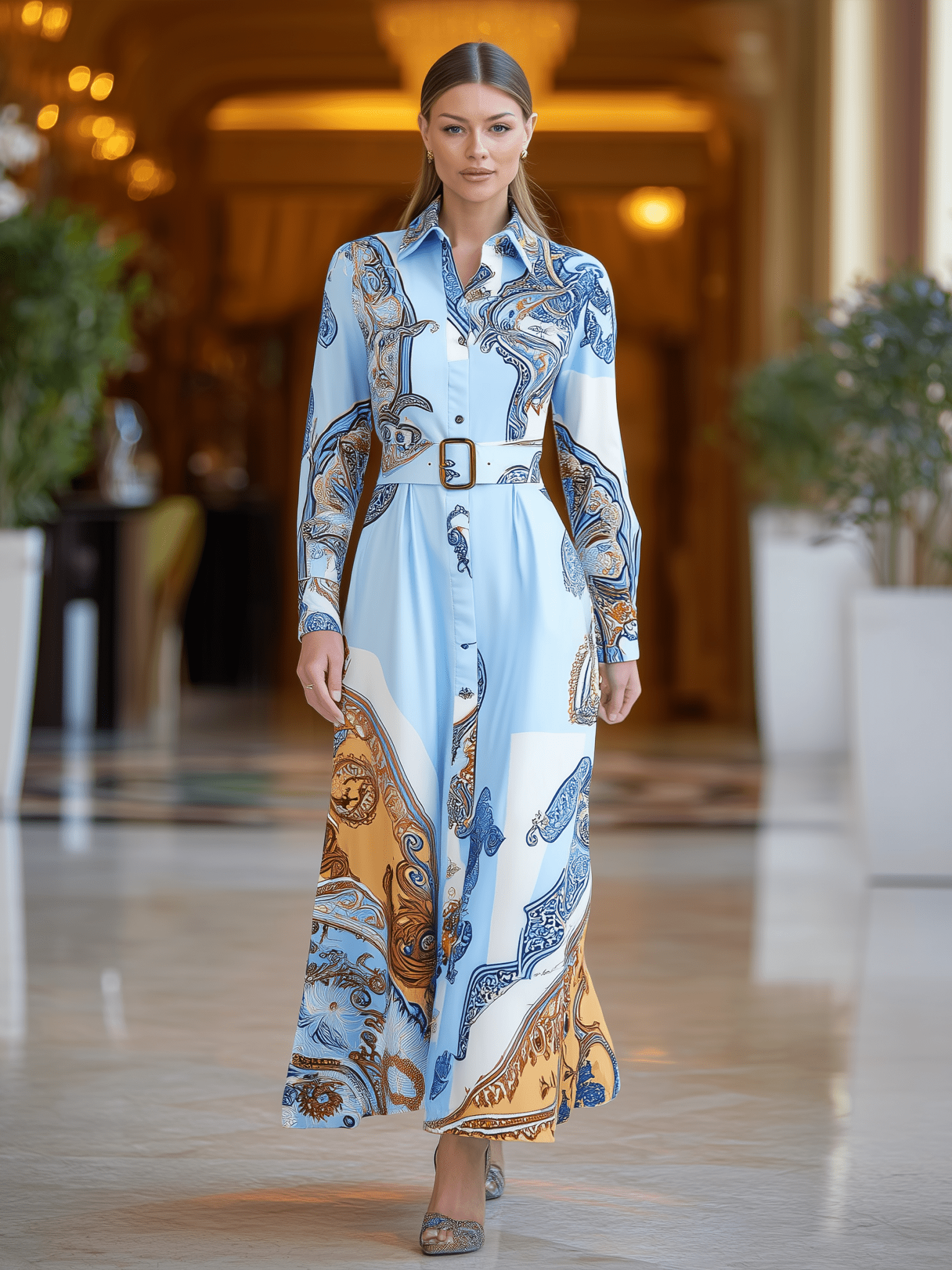 VESTIDO LARGO CAMISERO AZUL CLARO CON ESTAMPADO PAISLEY Y CINTURÓN - VALERINA MARBELLA