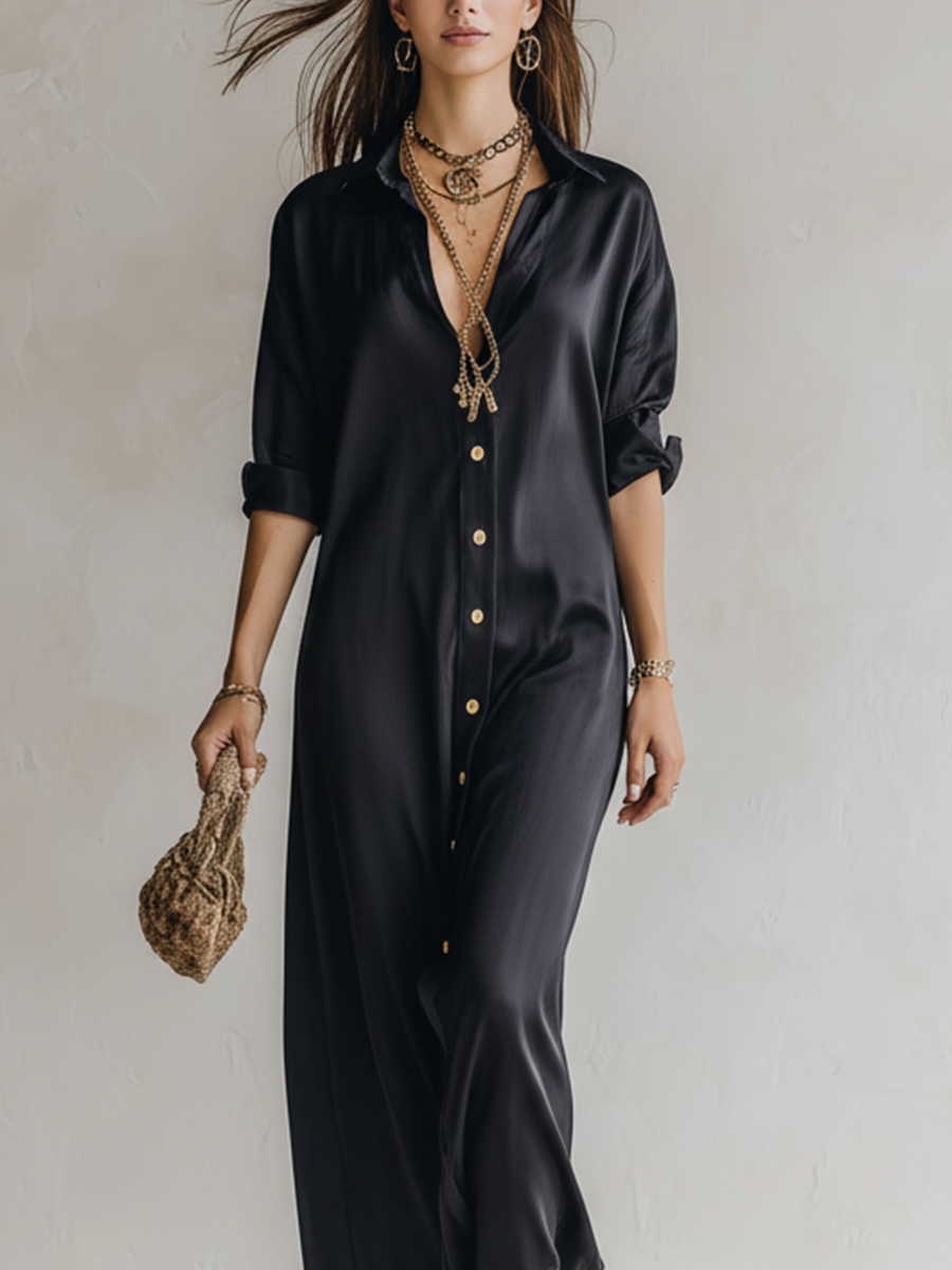 High-quality Satin Black Shirt Dress