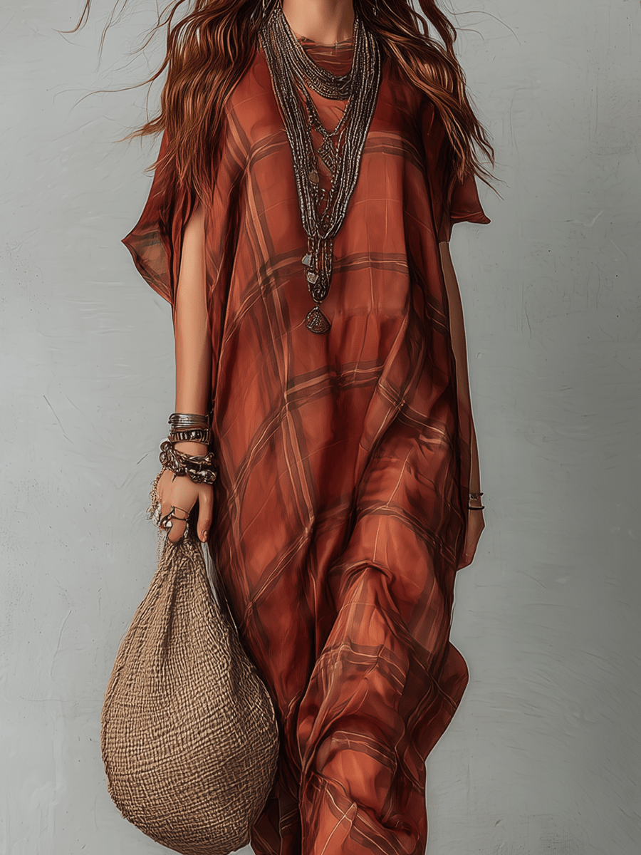 VESTIDO LARGO BOHEMIO DE ESTILO RETRO CON CUADROS - VALERINA MARBELLA
