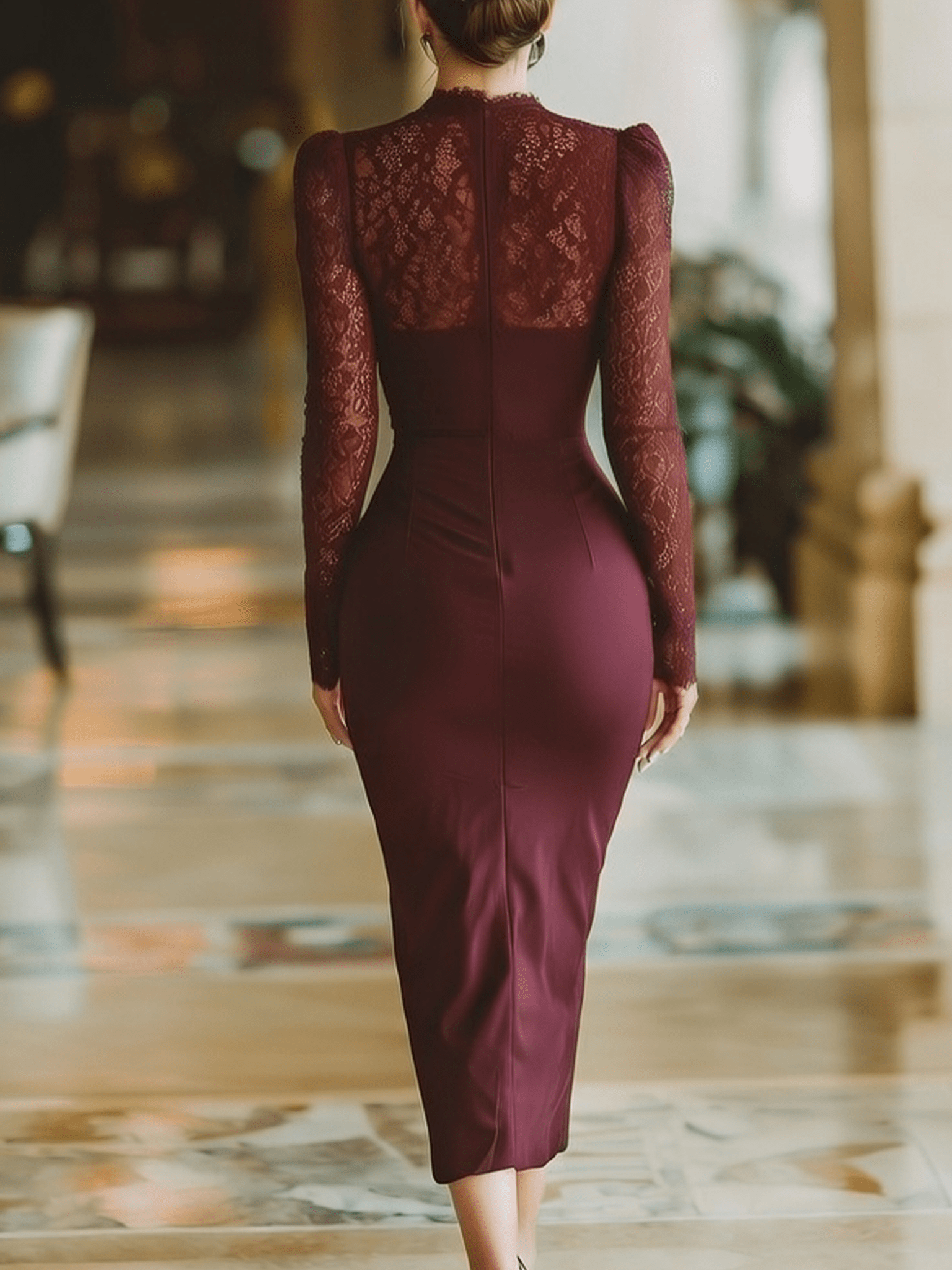 VESTIDO LARGO BURDEOS DE SATÉN CON ENCAJE, PLISADO Y ESCOTE EN PICO - VALERINA MARBELLA