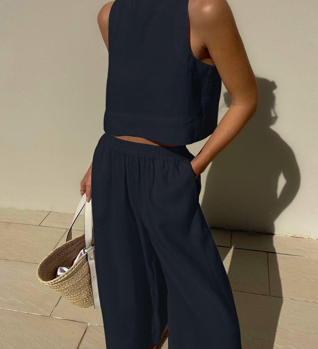 Chic Solid Color Sleeveless 2pieces Set