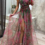 Picturesque Beauty Tulle Floral Pleated One Shoulder Sleeve Slit Maxi Dress