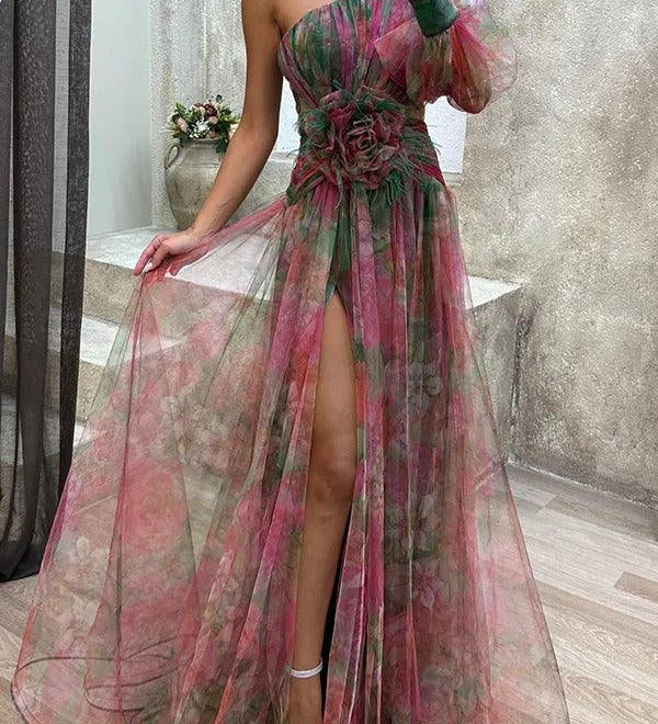 Picturesque Beauty Tulle Floral Pleated One Shoulder Sleeve Slit Maxi Dress