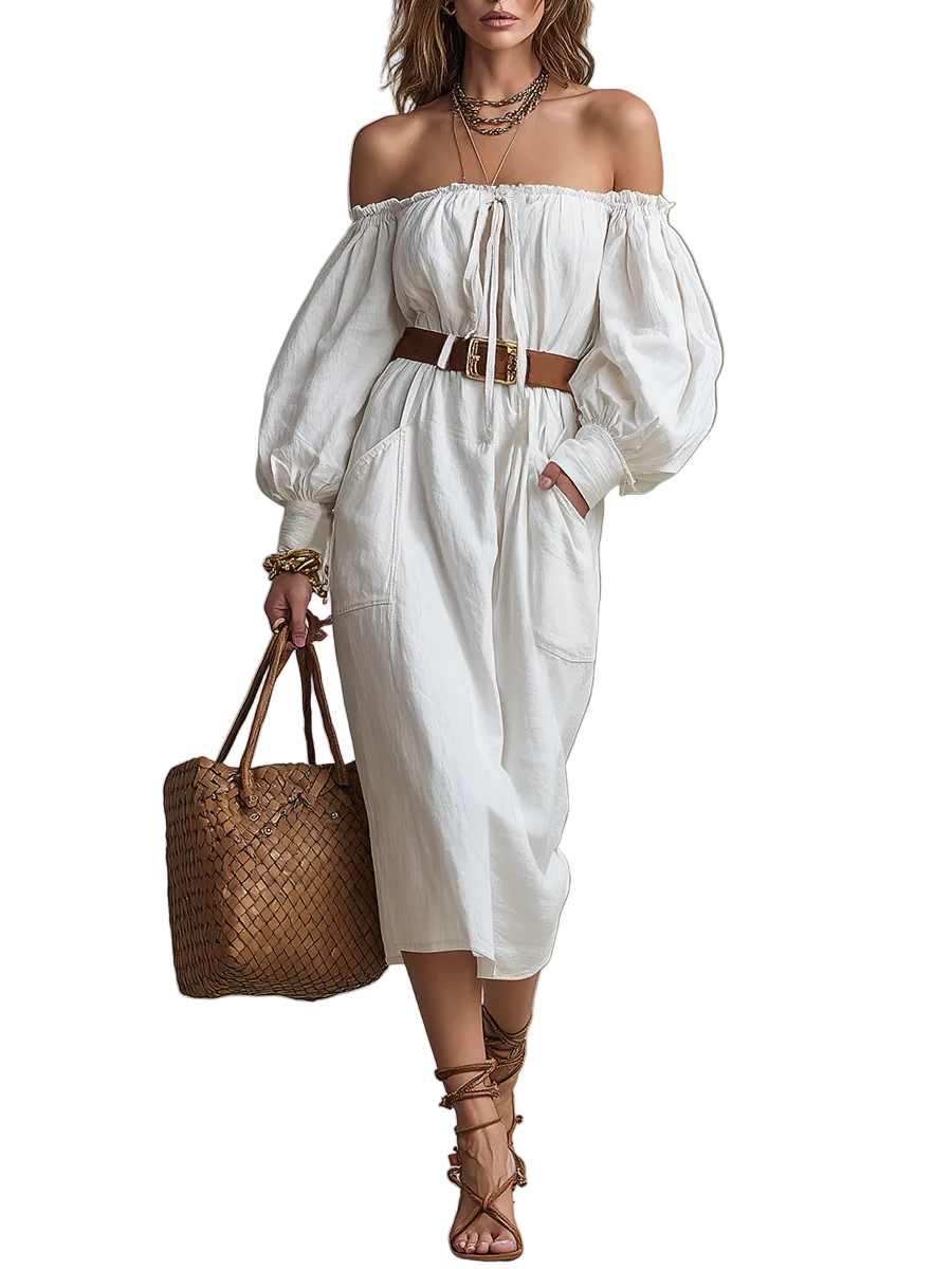 Elegant Off-The-Shoulder Linen Midi Dress