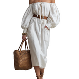 Elegant Off-The-Shoulder Linen Midi Dress