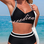Stylish Color-blocked Striped High-waisted Two-piece Stretch Bikini Swimsuit