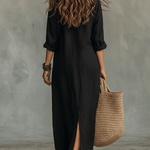 Black Button-Front Bohemian Shirt Maxi Dress