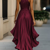 Midnight Elegance Satin Halter Ruffle Gown