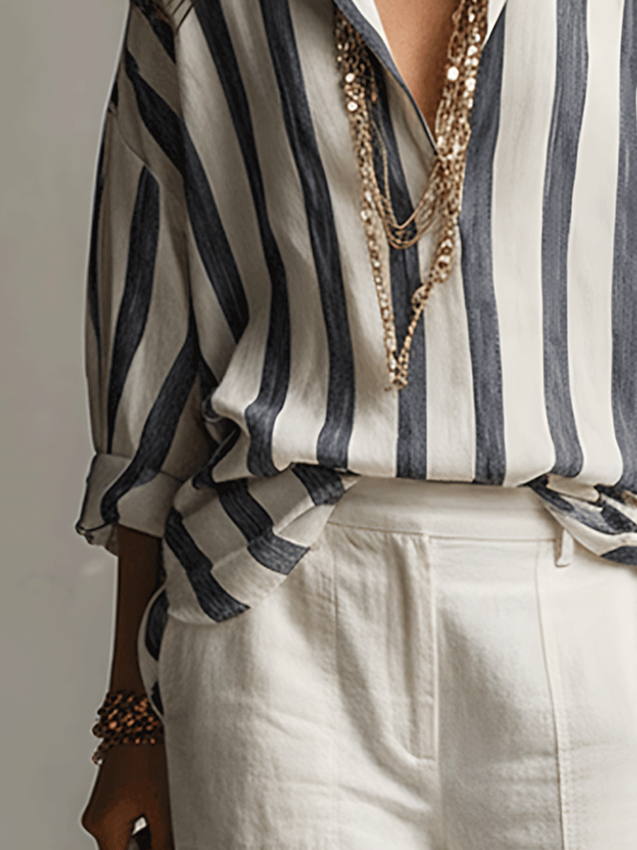 Casual Striped Cotton And Linen Long-Sleeved Shirt