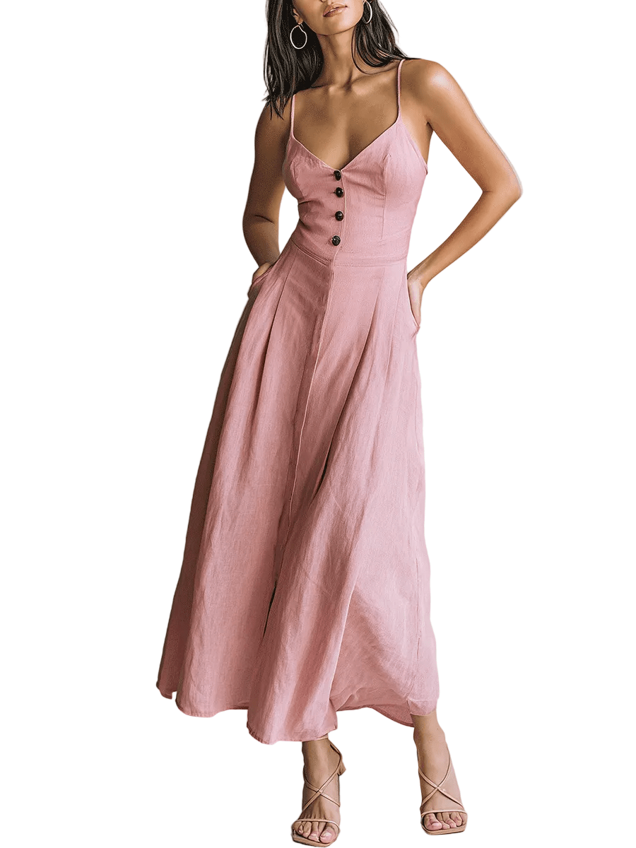VESTIDO MAXI DE LINO EN TONO BLUSH CON BOTONES - VALERINA MARBELLA