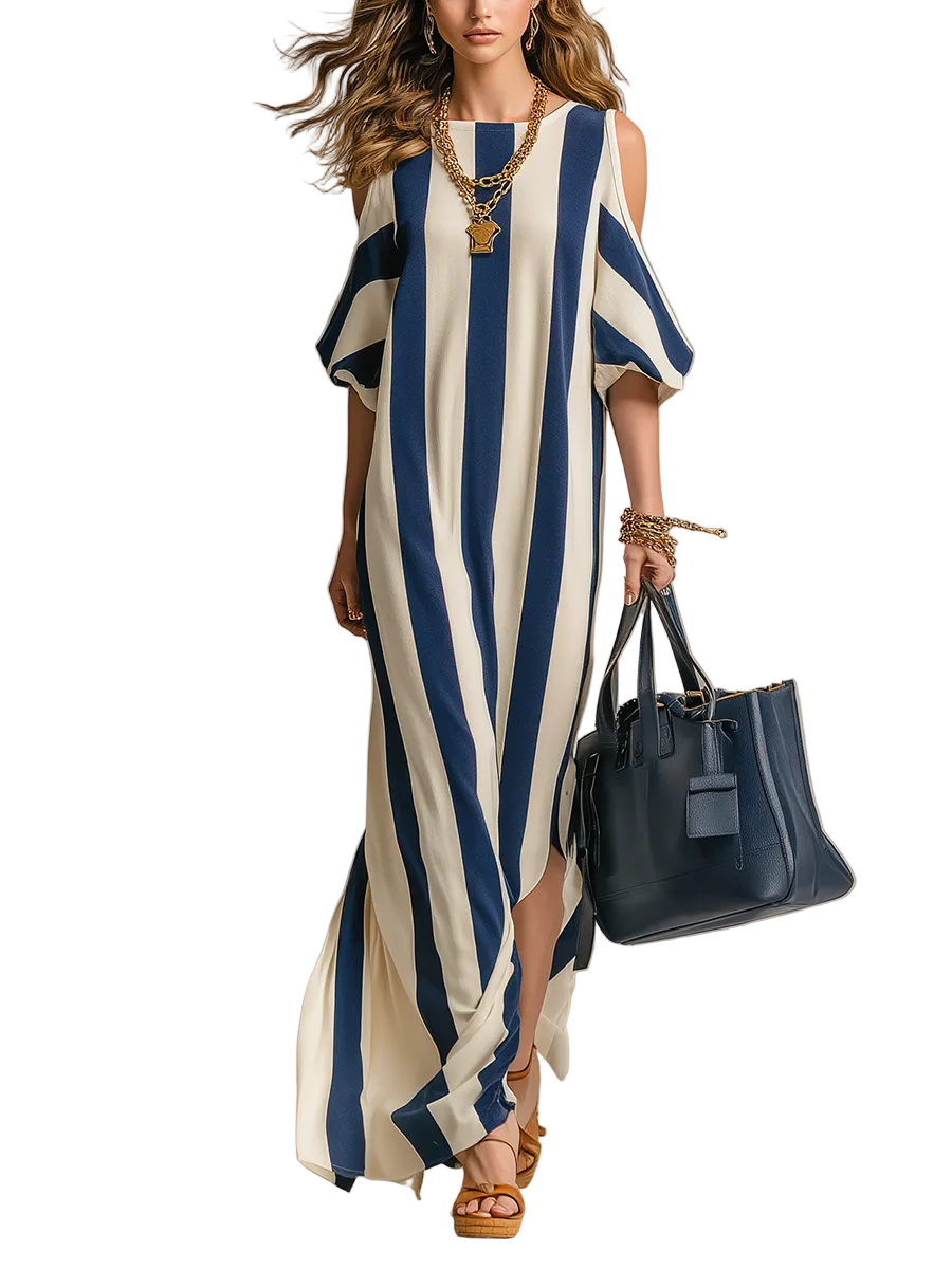 Statement Navy Stripe Cold-Shoulder Maxi Dress