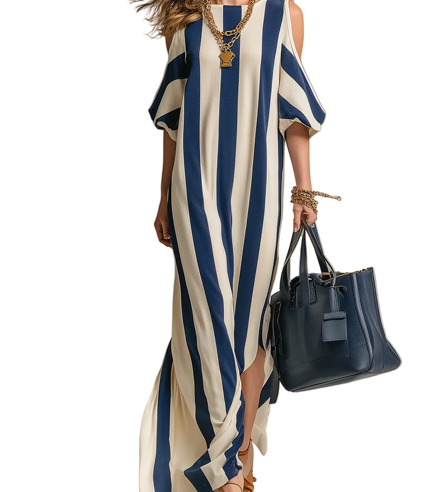 Statement Navy Stripe Cold-Shoulder Maxi Dress