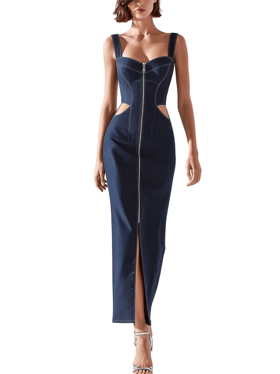 VESTIDO MAXI VAQUERO ENTALLADO CON CREMALLERA FRONTAL - VALERINA MARBELLA