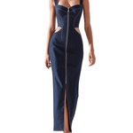 VESTIDO MAXI VAQUERO ENTALLADO CON CREMALLERA FRONTAL - VALERINA MARBELLA