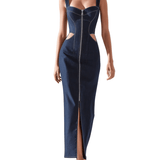 VESTIDO MAXI VAQUERO ENTALLADO CON CREMALLERA FRONTAL - VALERINA MARBELLA