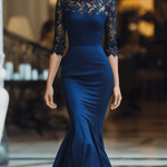 VESTIDO LARGO AZUL MARINO DE ENCAJE CON CORTE SIRENA - VALERINA MARBELLA