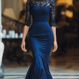 VESTIDO LARGO AZUL MARINO DE ENCAJE CON CORTE SIRENA - VALERINA MARBELLA