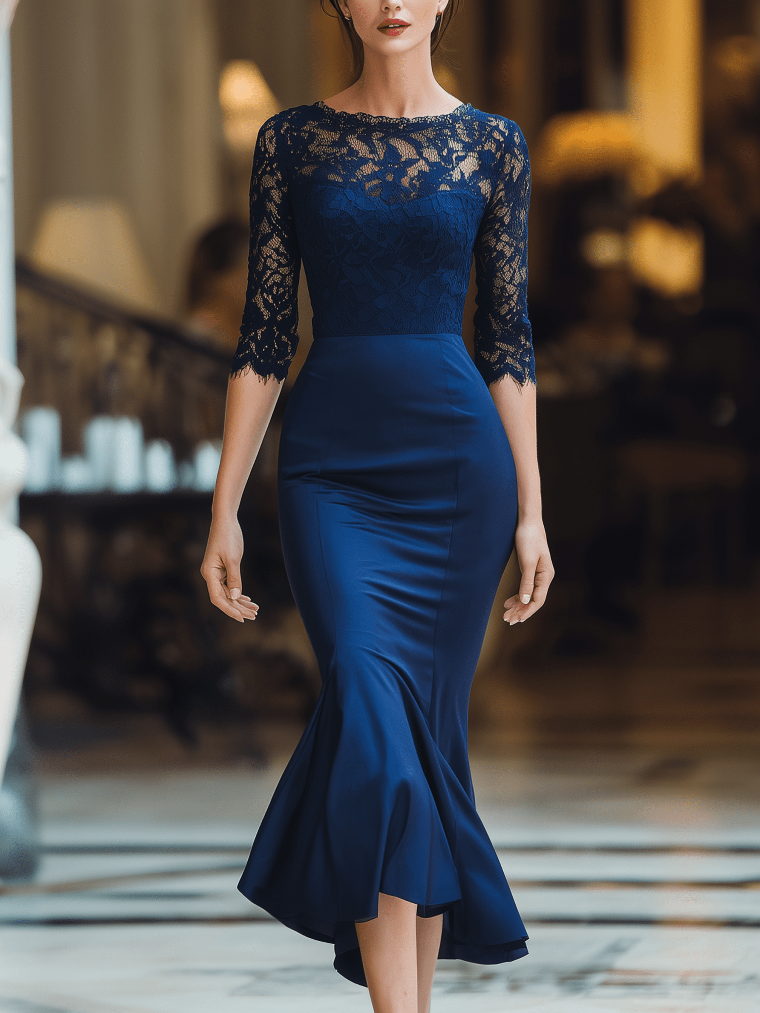 VESTIDO LARGO AZUL MARINO DE ENCAJE CON CORTE SIRENA - VALERINA MARBELLA