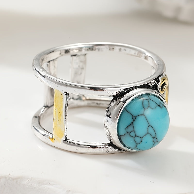 ANILLO BOHEMIO BICOLORE PLAQUÉ REDONDO TURQUESA PIERRE
