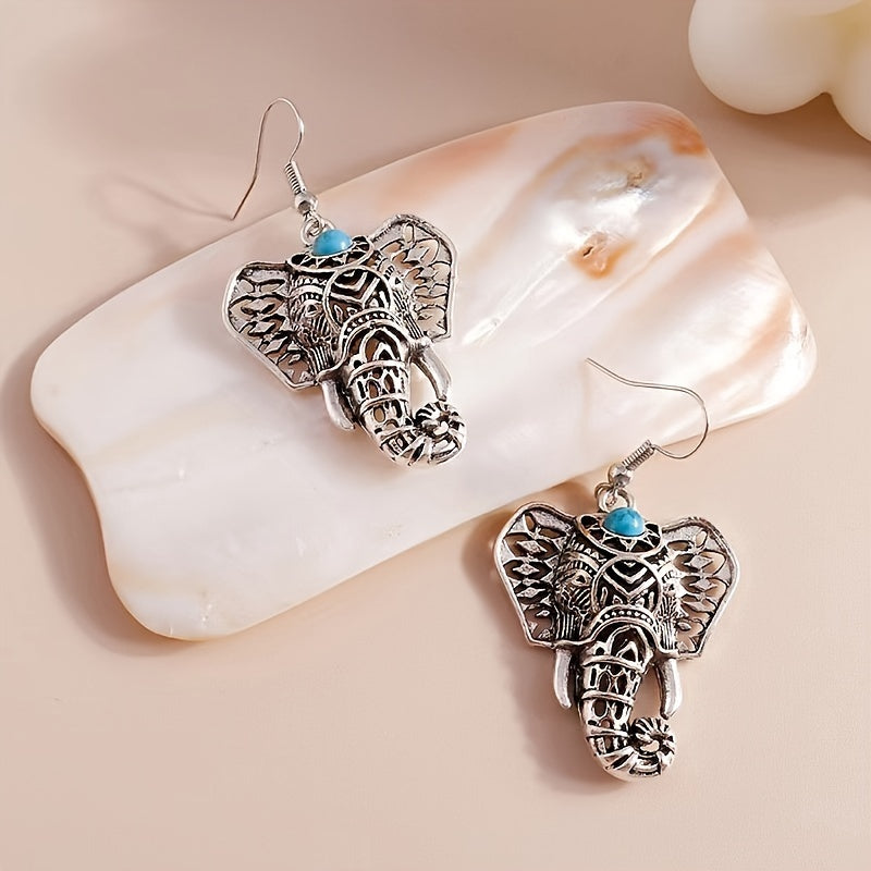 PENDIENTES VINTAGE TURQUESA ÉLÉPHANT PLATA PLAQUÉ BOHEMIO GOTA