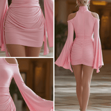 VESTIDO MINI ROSA BLUSH CON HOMBROS DESCUBIERTOS - VALERINA MARBELLA
