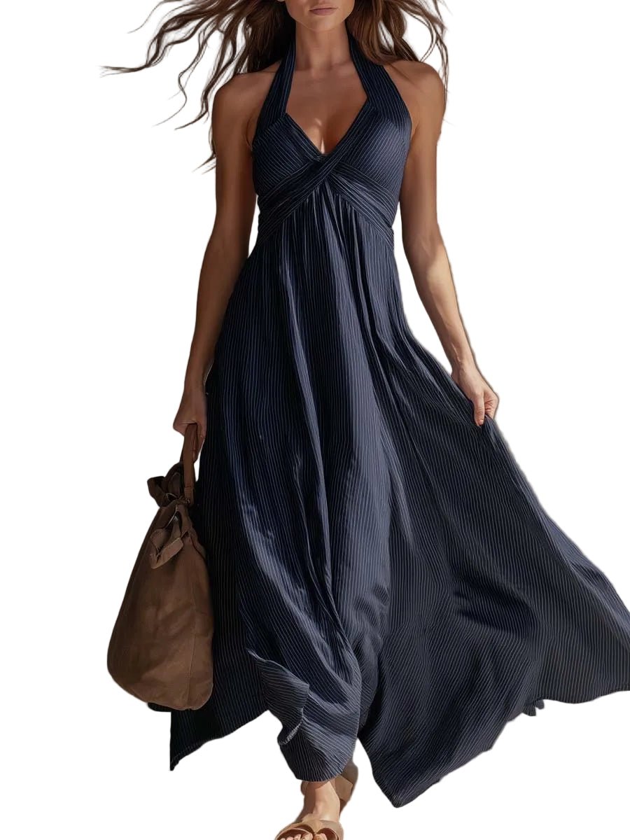 VESTIDO MAXI HALTER DE RAYAS DE ESTILO BOHEMIO - VALERINA MARBELLA