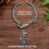 COLLAR VINTAGE BOHEMIO STYLE TURQUESA PERLES FEUILLE COLGANTE