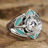 ANILLO ELEGANTE BOHEMIO TURQUESA FEUILLE CIRCONA CRISTAL