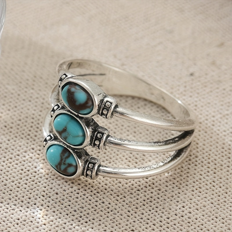 ANILLO VINTAGE BOHEMIO STYLE TRIPLE TURQUESA PLATA