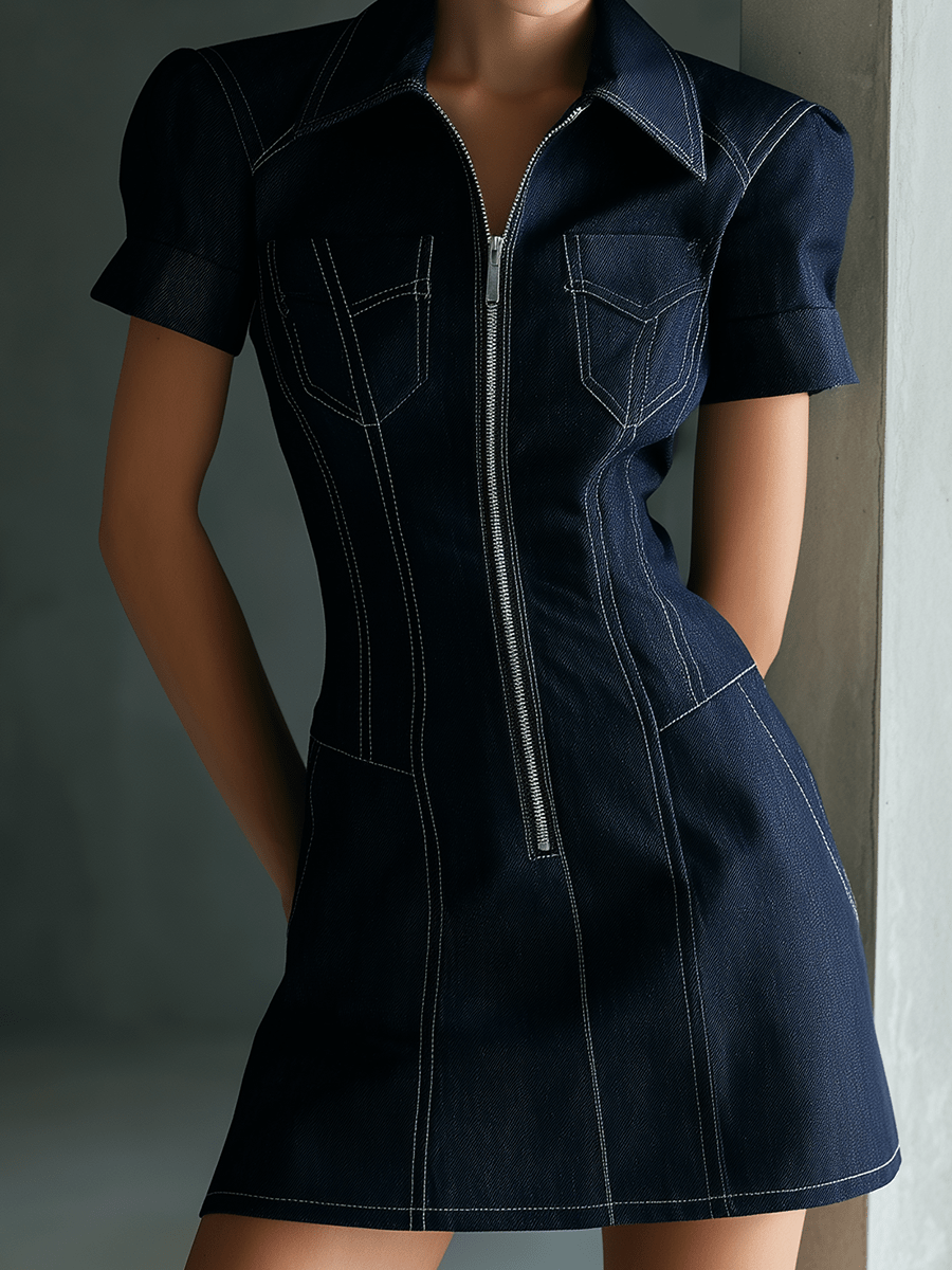 VESTIDO MINI VAQUERO ESTRUCTURADO CON CREMALLERA FRONTAL - VALERINA MARBELLA