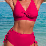 Solid Color V-neck High-waisted Hollowed-out Tie Two-piece Stretch Bikini Swimsuit