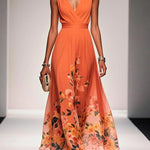 Light Blue Floral Chiffon V Neck Sleeveless A-Line Maxi Dress