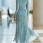 VESTIDO MAXI DE GASA PLISADA EN AZUL GRIS CON PATCHWORK - VALERINA MARBELLA