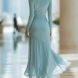 VESTIDO MAXI DE GASA PLISADA EN AZUL GRIS CON PATCHWORK - VALERINA MARBELLA