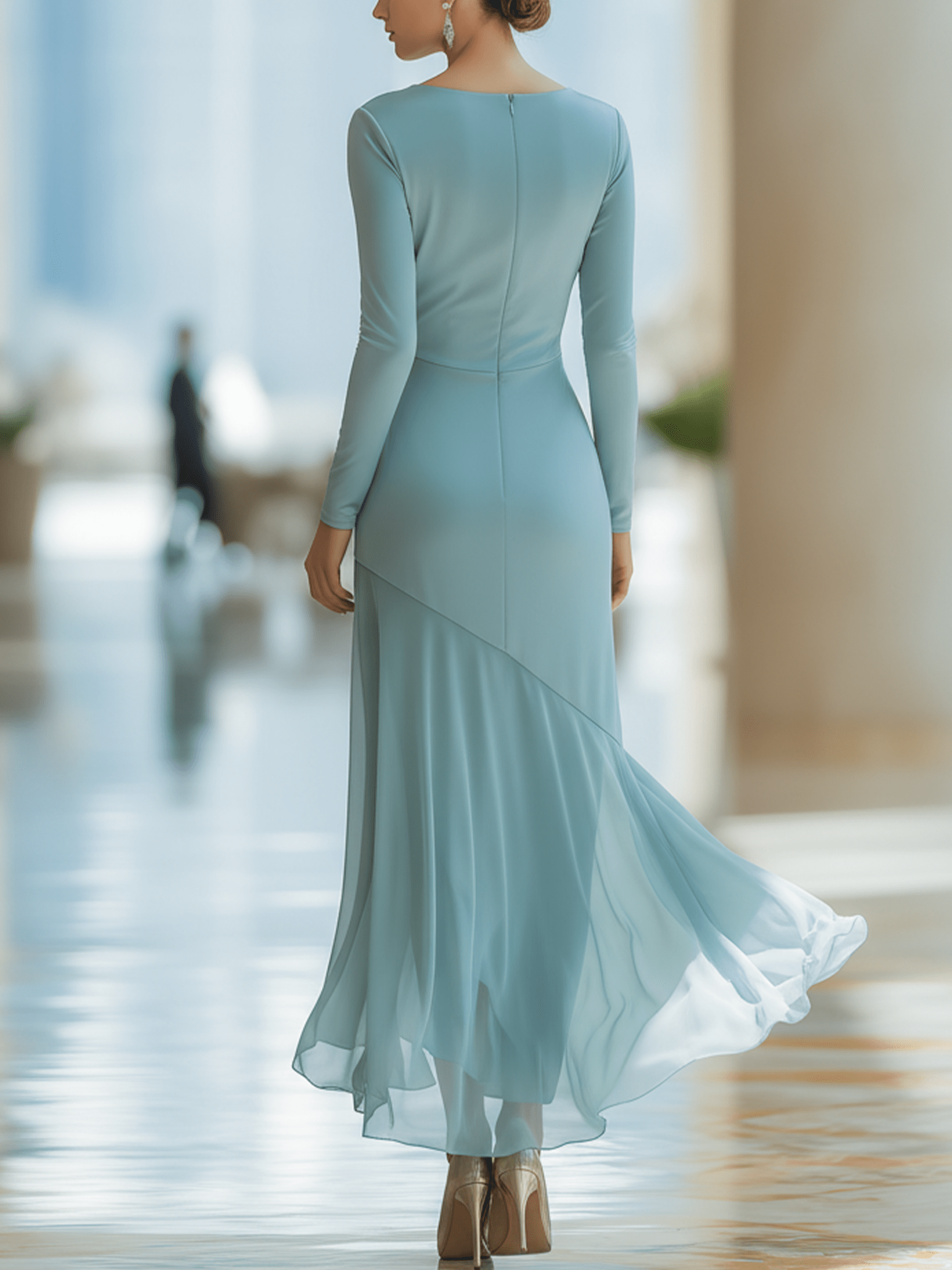VESTIDO MAXI DE GASA PLISADA EN AZUL GRIS CON PATCHWORK - VALERINA MARBELLA