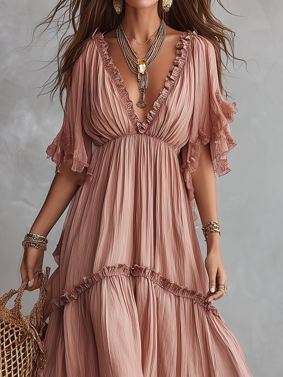Soft Blush Ruffled Bohemian Maxi Dress